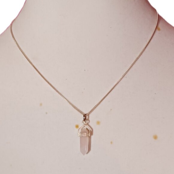 Source Unknown Jewelry - 90s Vintage Sterling Silver Rose Quartz Pendant Box Chain Necklace
